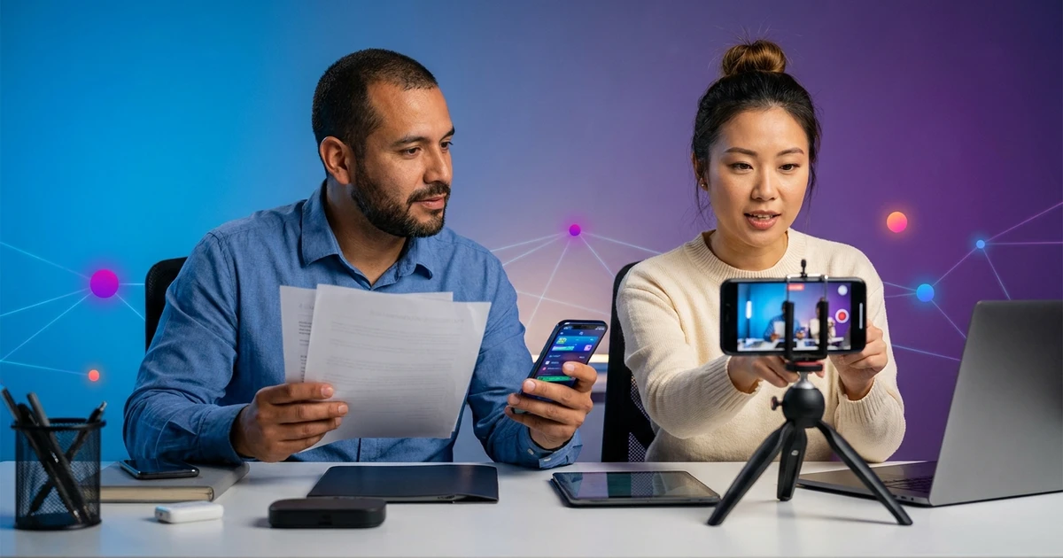 UGC creator organizando documentos e smartphone para abrir um MEI e formalizar o trabalho com marcas