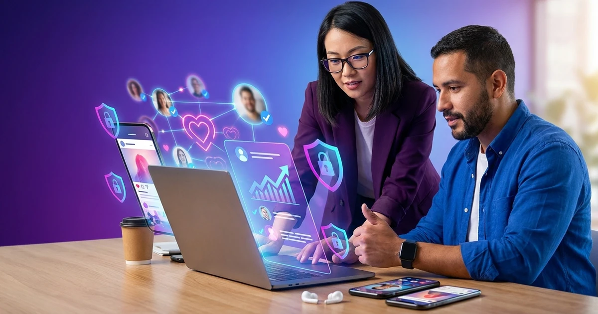 Gestora de marketing e analista revisando perfis de influenciadores com indicadores de brand safety em notebook e smartphone