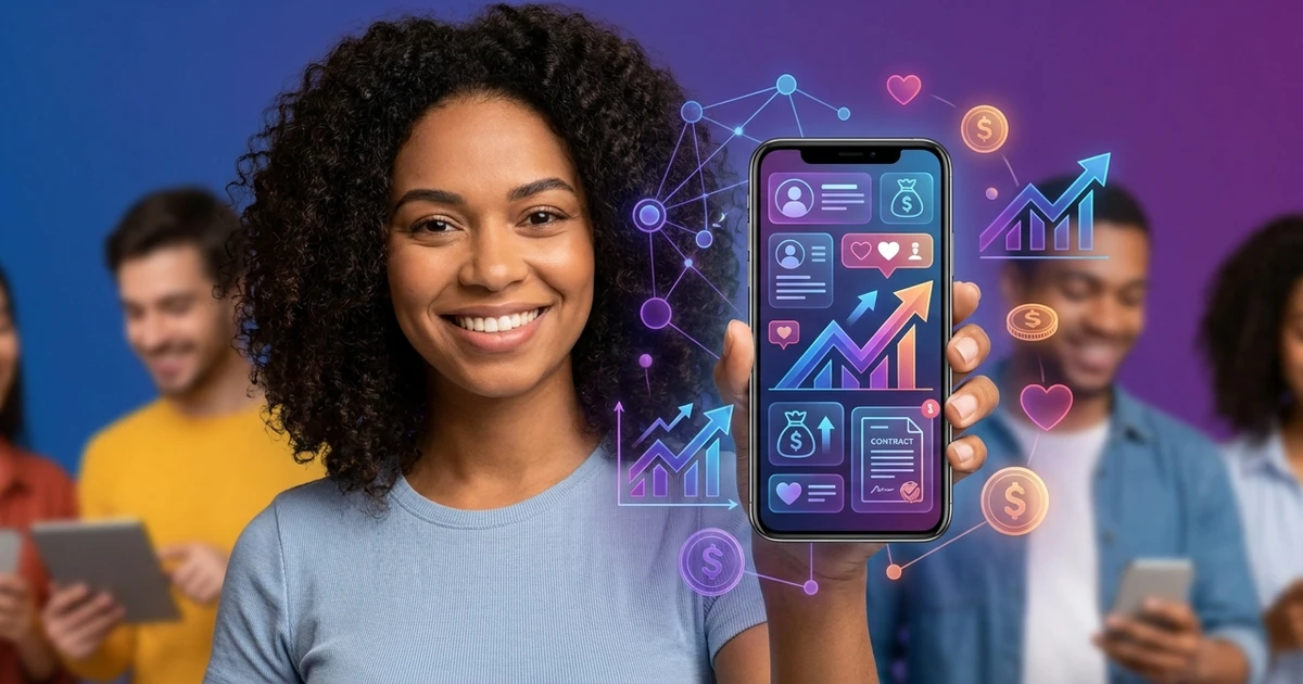 Influenciador digital recebendo propostas de publis pagas no smartphone com gráficos de ganhos
