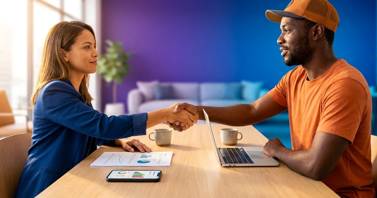 Marca e influenciador apertando as mãos fechando parceria de marketing de influência com contrato e valores na mesa