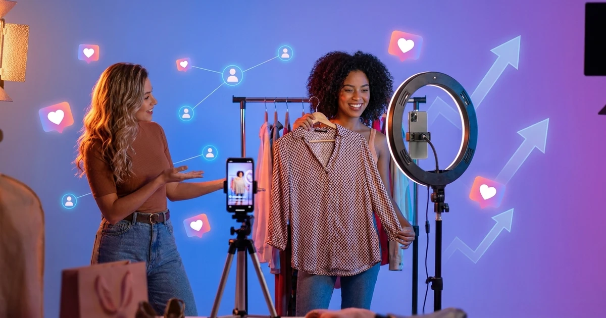 Influenciadoras de moda brasileiras em sessão de fotos com smartphones gravando looks e tendências fashion