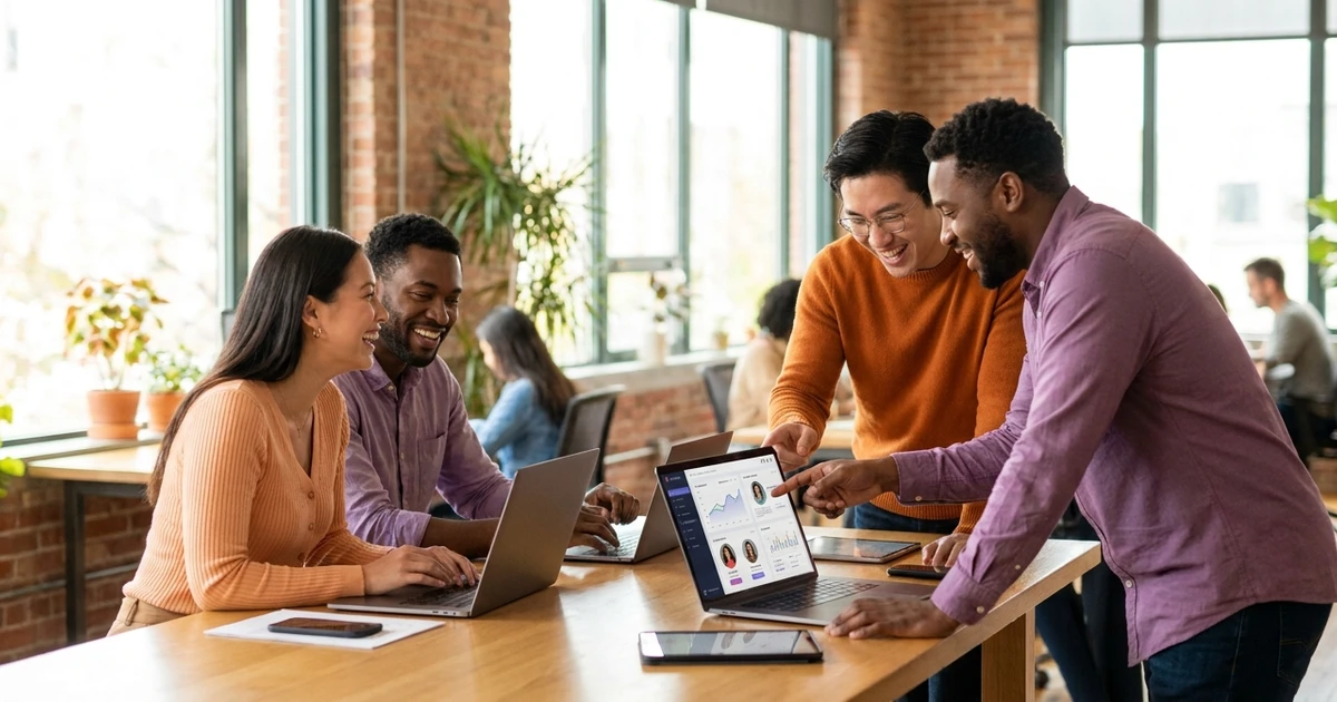 Profissionais de marketing gerenciando parcerias com influenciadores em escritório moderno usando analytics e CRM