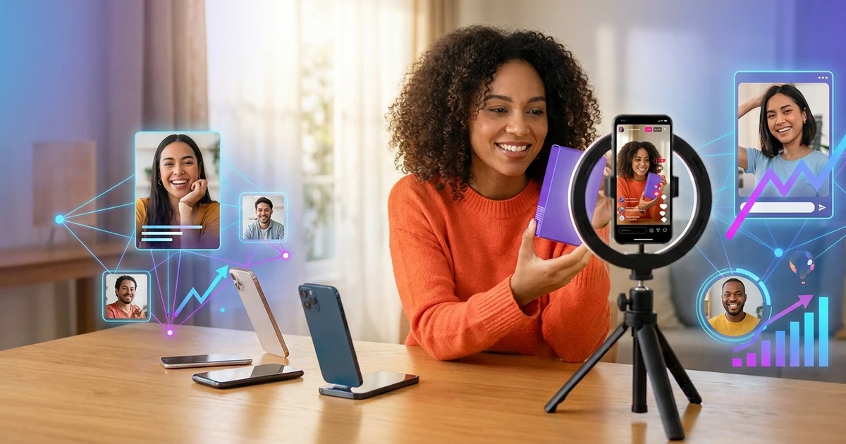 UGC creator gravando conteúdo de produto em casa com smartphone e tripé evoluindo para profissional