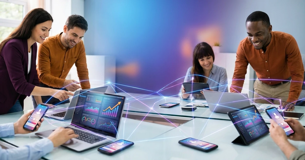 Profissionais de marketing analisando ferramentas de busca de influenciadores em laptops e smartphones, com gráficos de crescimento e rede de conexões digitais