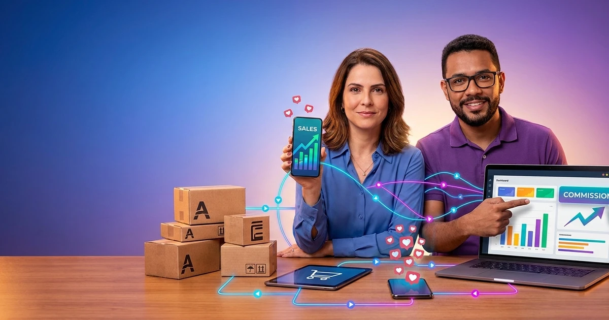 Marca de e-commerce gerenciando programa de afiliados com influenciadores em dashboard de vendas e comissões