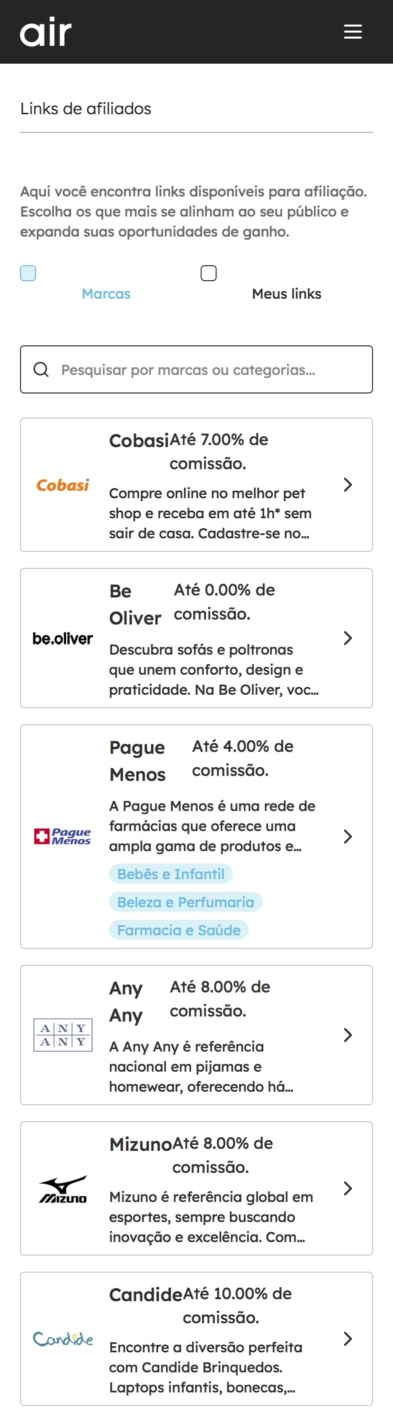 Tela do app Meu Air - painel de métricas
