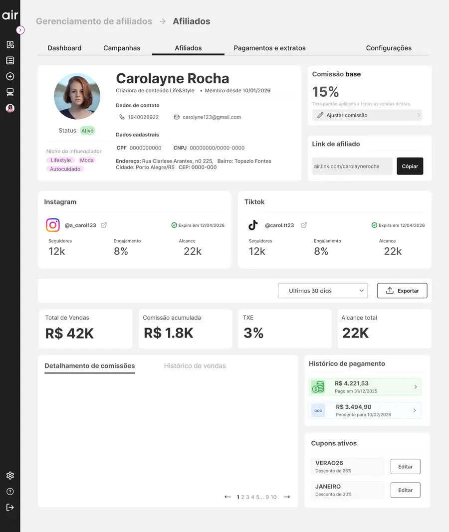 Interface AirFluencers — Programa de Afiliados