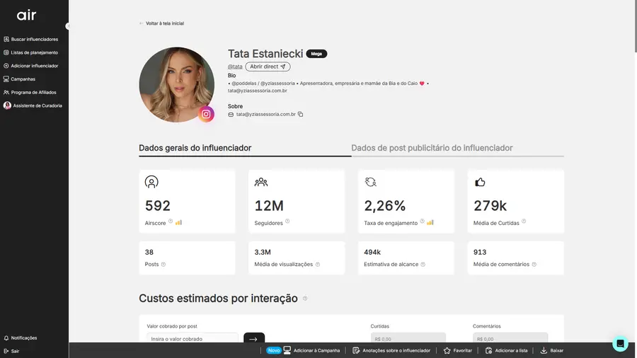Interface AirFluencers — Curadoria e Gestão